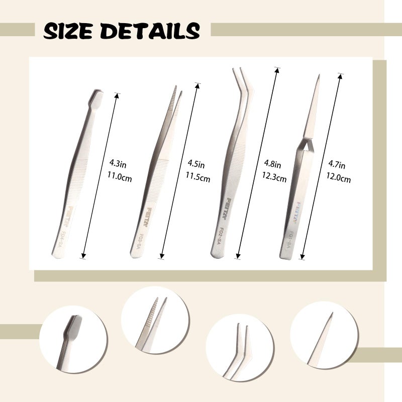 FEITA Professional Craft Tweezers Stainless Steel Precision Tweezer Set for Hobby, Electronics, Model Making, Jewelry Picking Tool - 4 Pieces - Image 4